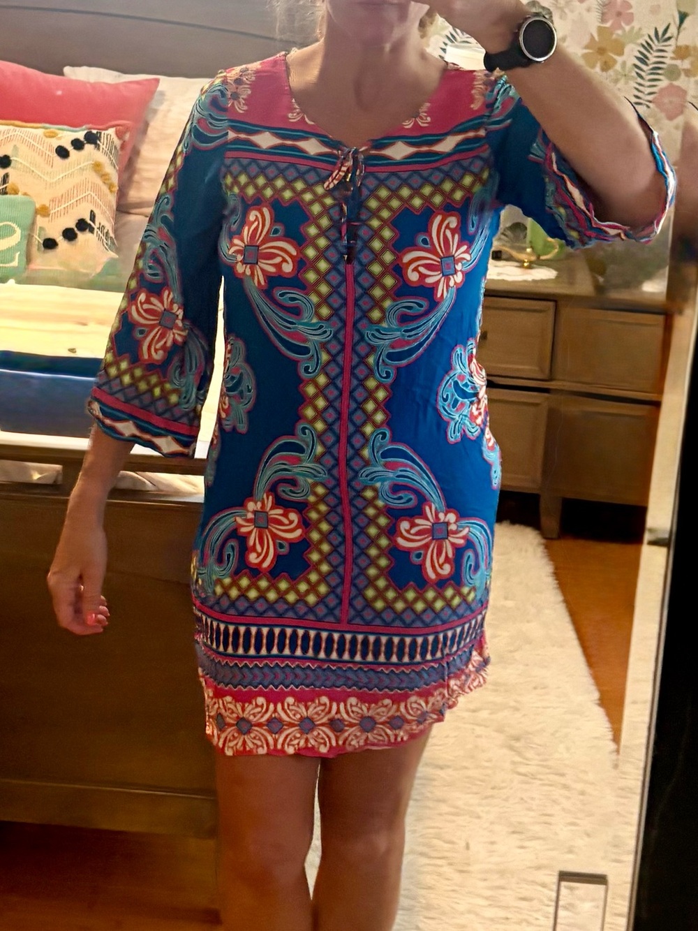 Hale Bob Teal-Blue Floral Print Mini Dress